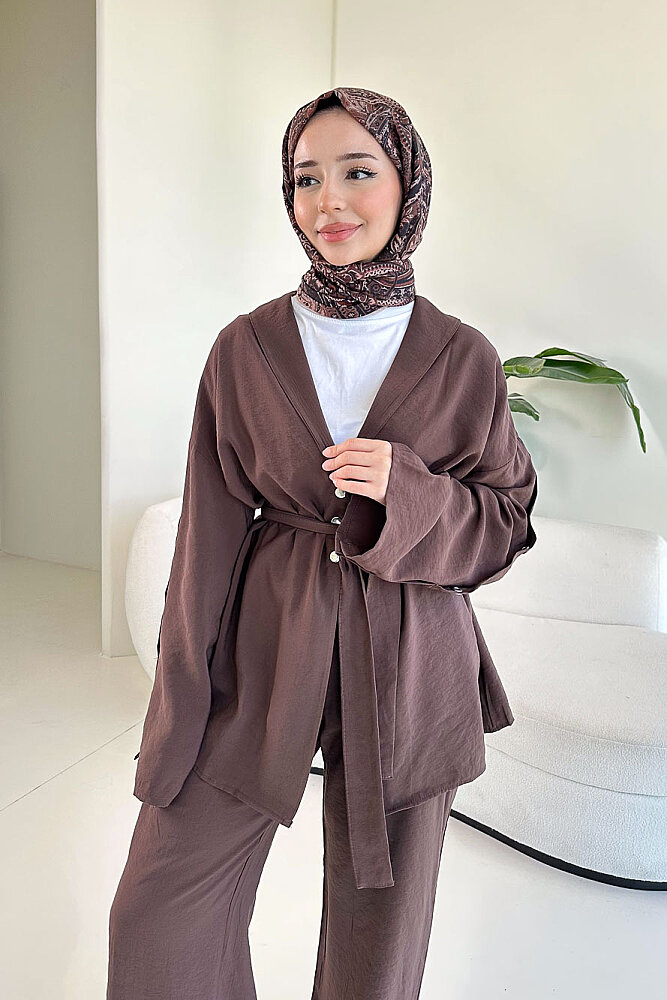 Çıtçıt Detaylı Kemerli Pantolon Takım - Kahverengi - ENMA (5)