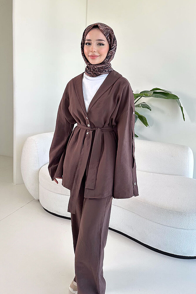 Çıtçıt Detaylı Kemerli Pantolon Takım - Kahverengi - 8