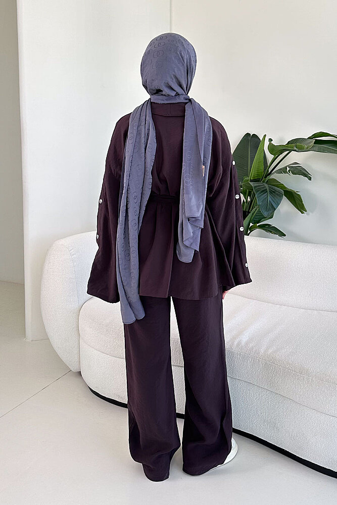 Çıtçıt Detaylı Kemerli Pantolon Takım - Mürdüm - 8