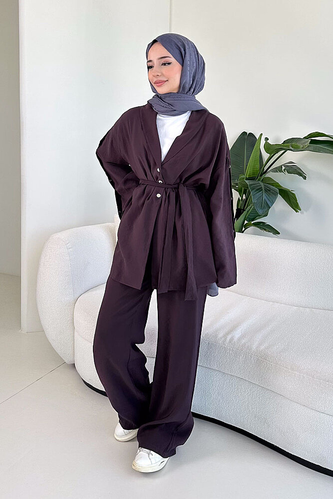 Çıtçıt Detaylı Kemerli Pantolon Takım - Mürdüm - 5