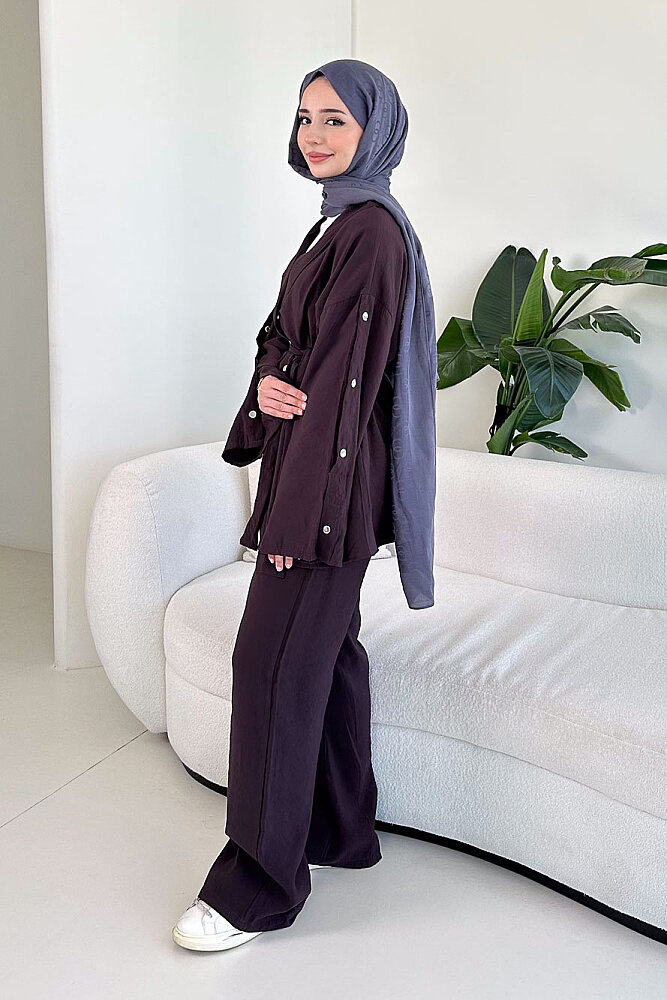 Çıtçıt Detaylı Kemerli Pantolon Takım - Mürdüm 