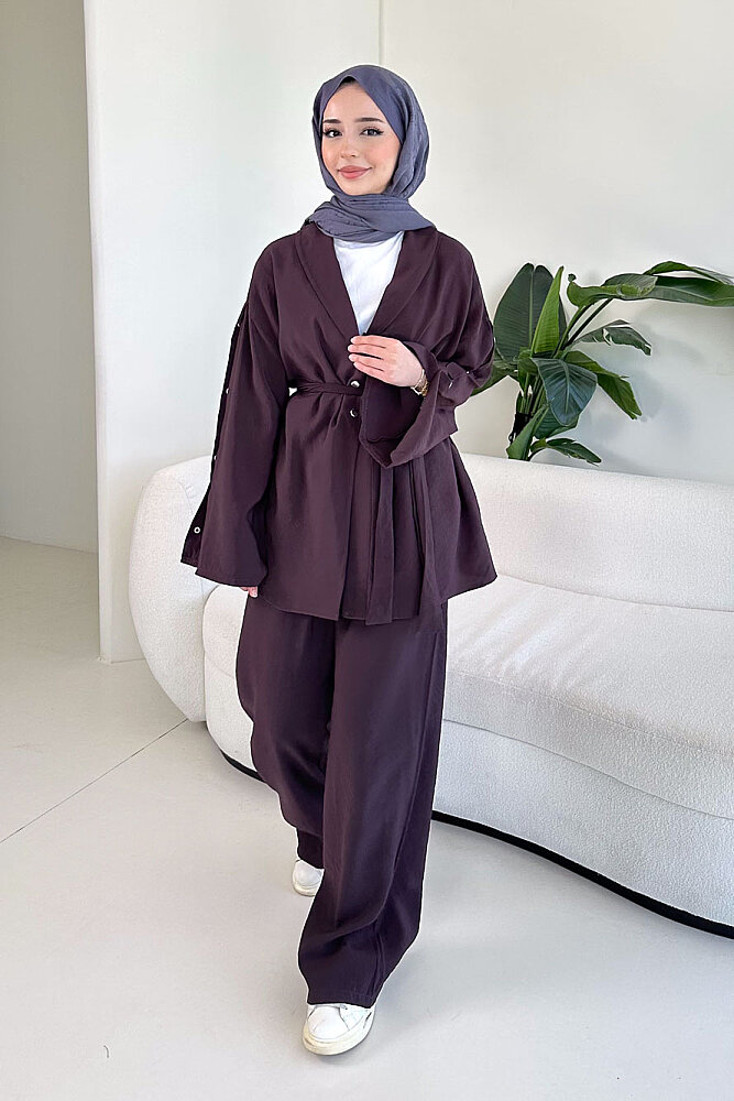 Çıtçıt Detaylı Kemerli Pantolon Takım - Mürdüm - 6