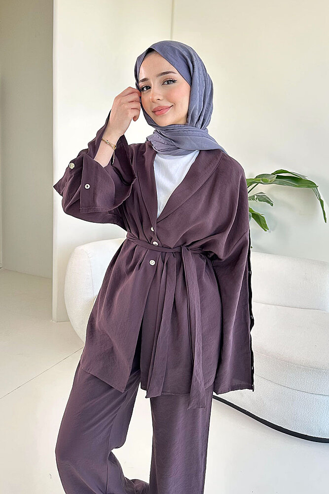 Çıtçıt Detaylı Kemerli Pantolon Takım - Mürdüm - 2