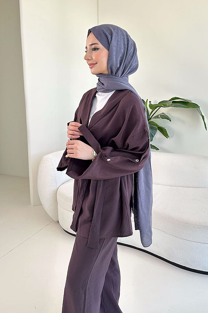 Çıtçıt Detaylı Kemerli Pantolon Takım - Mürdüm - 7