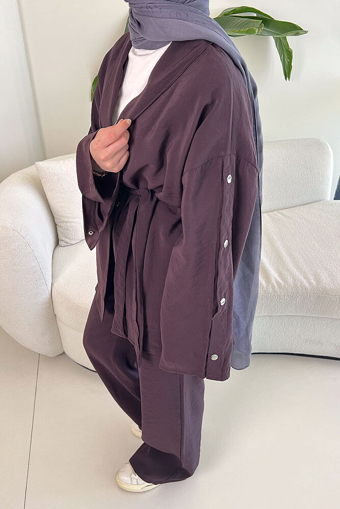 Çıtçıt Detaylı Kemerli Pantolon Takım - Mürdüm - 3