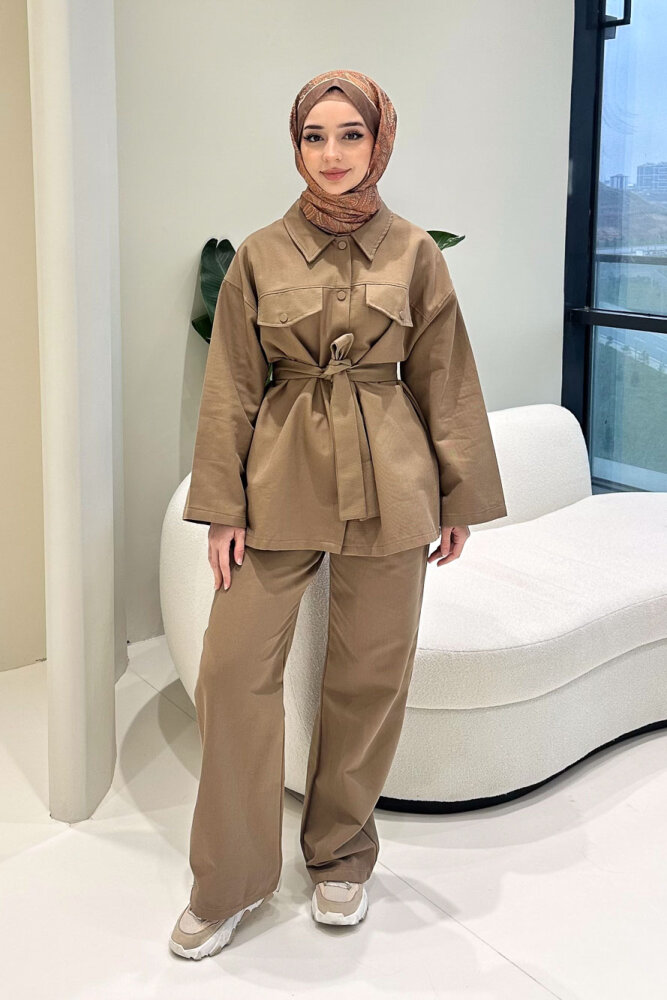 Çıtçıtlı Gabardin Takım - Camel - 6