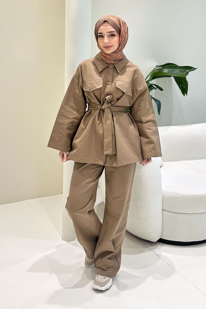 Çıtçıtlı Gabardin Takım - Camel - 8