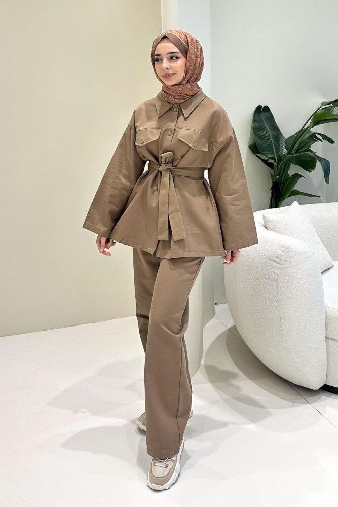 Çıtçıtlı Gabardin Takım - Camel - 1