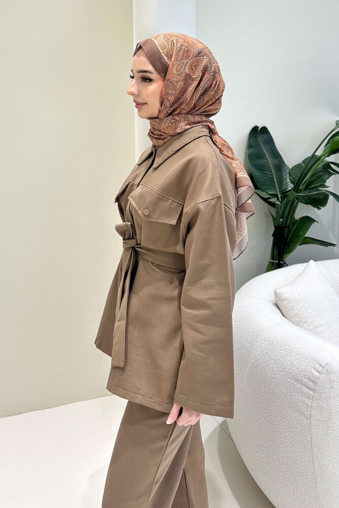 Çıtçıtlı Gabardin Takım - Camel - 5