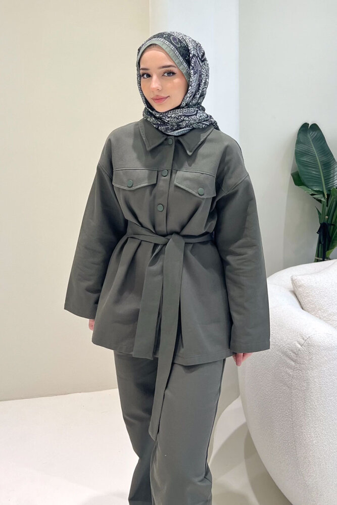 Çıtçıtlı Gabardin Takım - Haki - 7