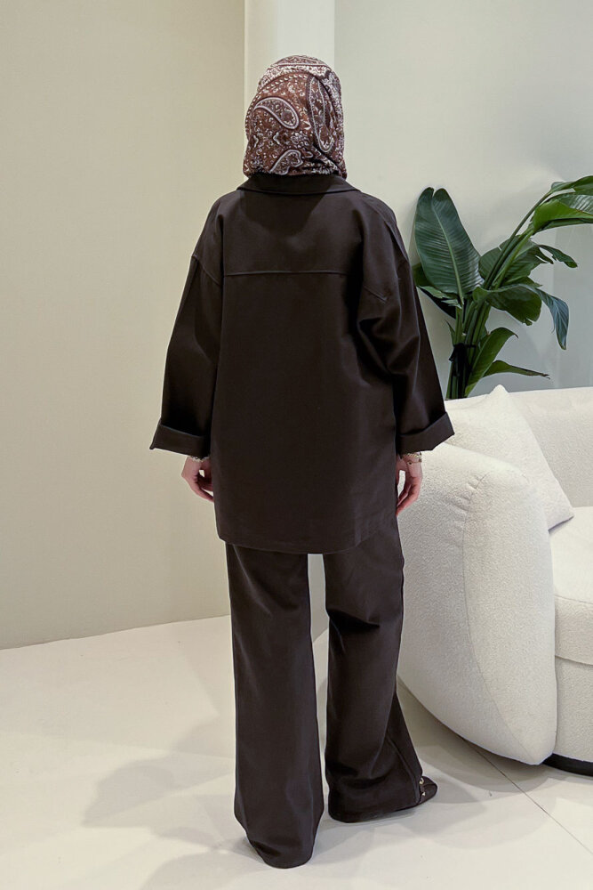 Çıtçıtlı Gabardin Takım - Kahverengi - 6