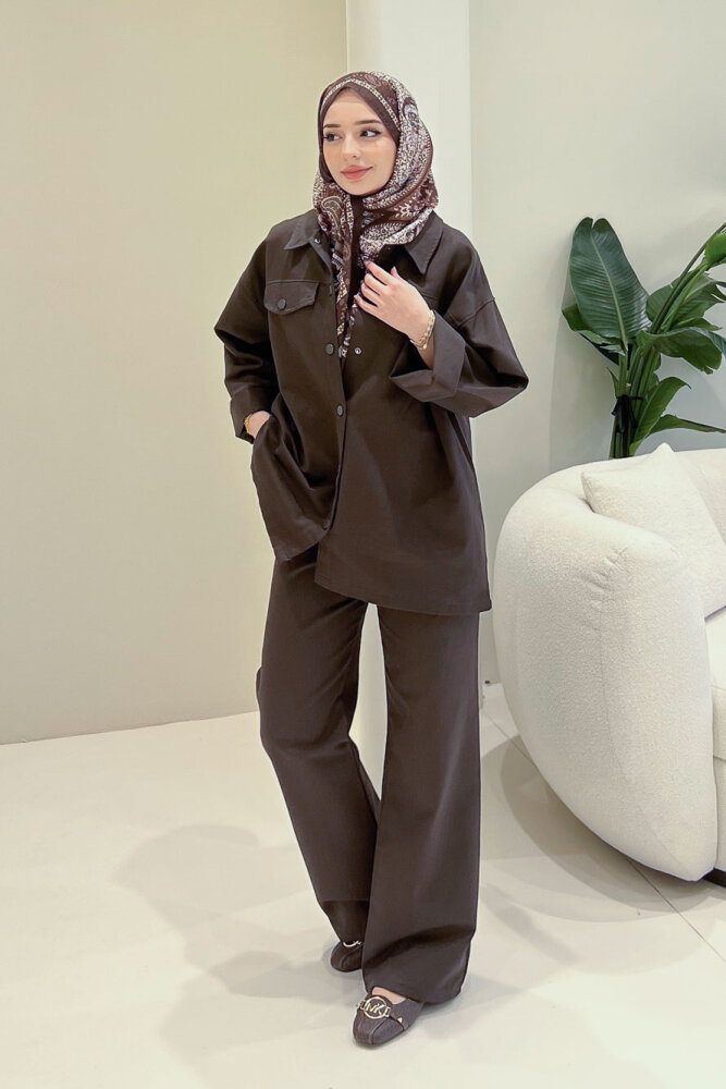 Çıtçıtlı Gabardin Takım - Kahverengi - 5