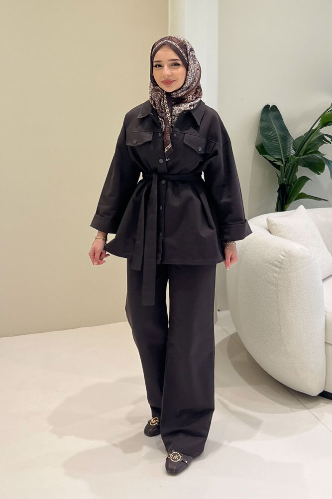 Çıtçıtlı Gabardin Takım - Kahverengi - 2