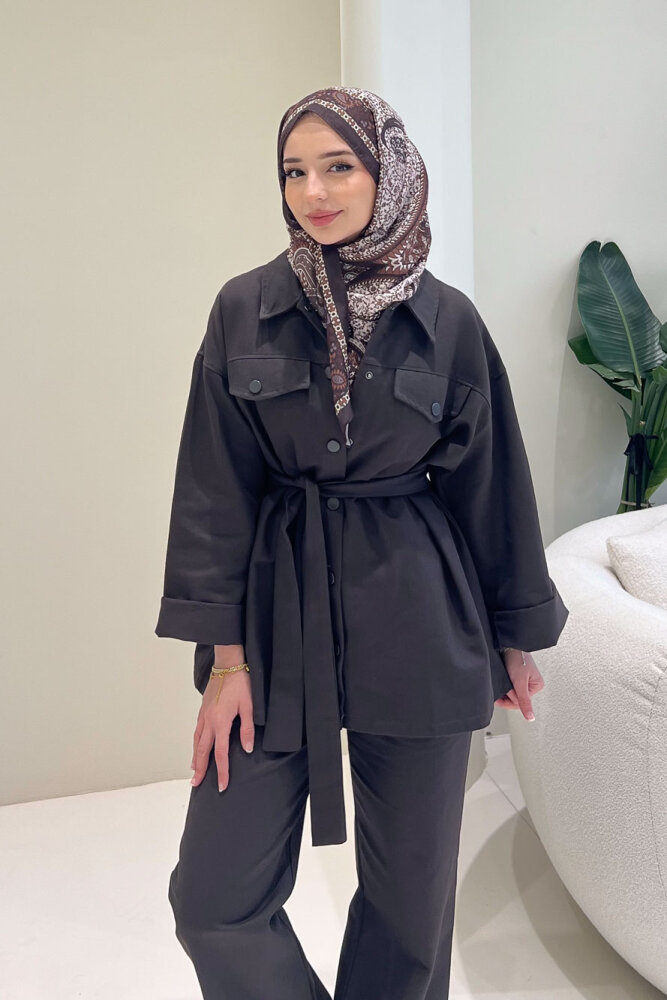 Çıtçıtlı Gabardin Takım - Kahverengi - 1