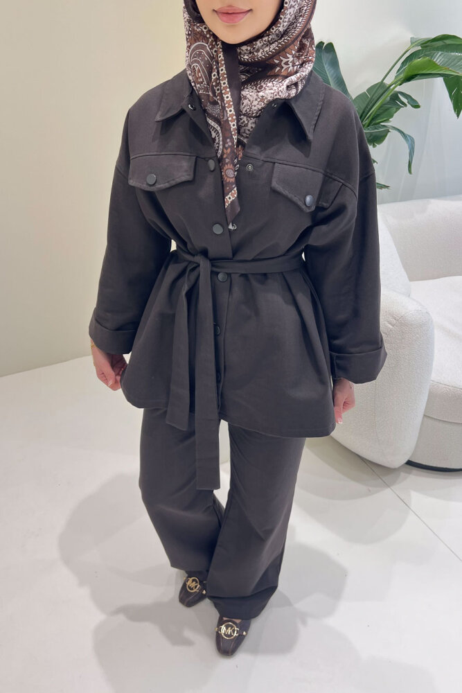 Çıtçıtlı Gabardin Takım - Kahverengi - ENMA (2)