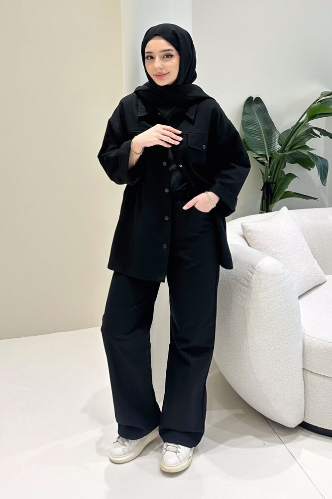 Çıtçıtlı Gabardin Takım - Siyah - 1