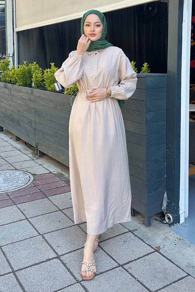 Çıtlı Beli Büzgülü Elbise - Bej - 1