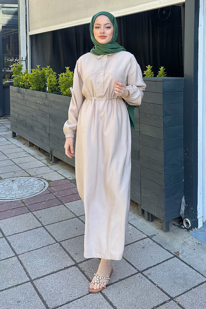 Çıtlı Beli Büzgülü Elbise - Bej - 4