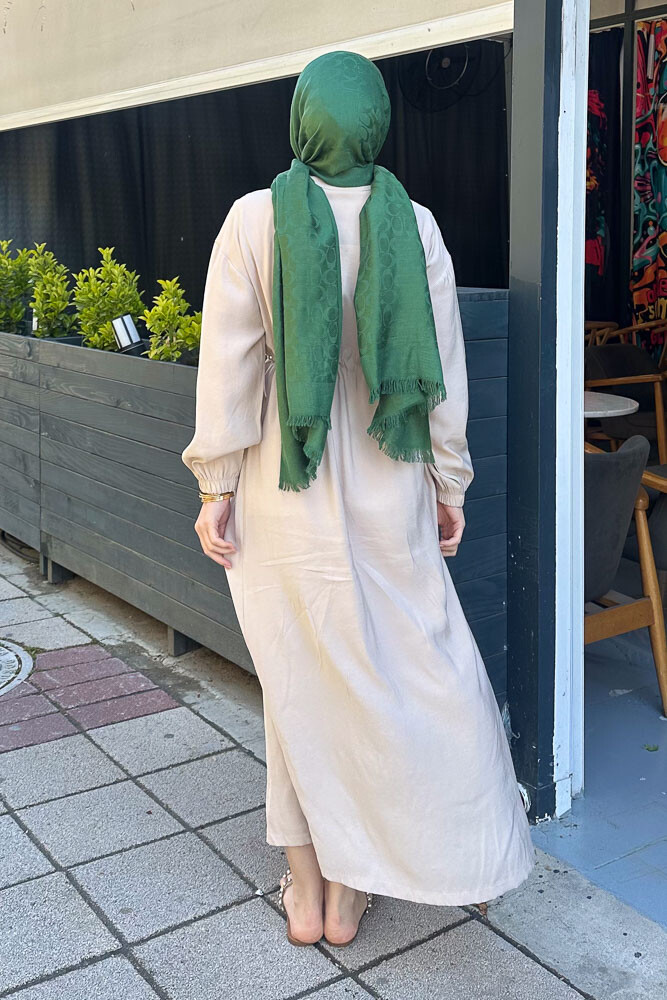Çıtlı Beli Büzgülü Elbise - Bej - 7