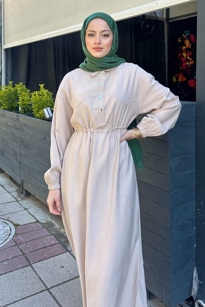 Çıtlı Beli Büzgülü Elbise - Bej - 5