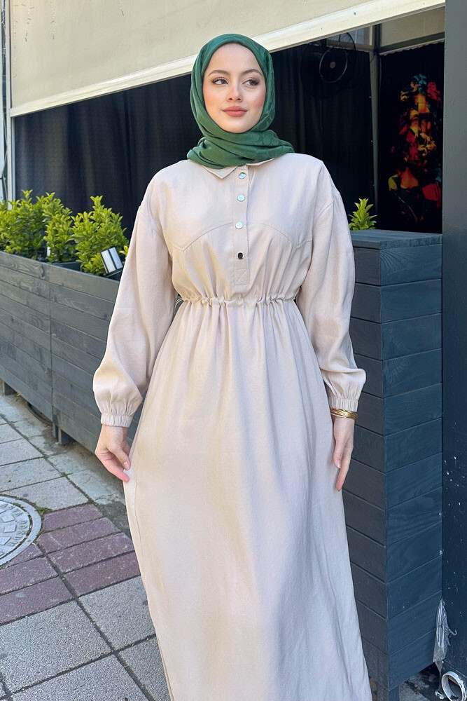 Çıtlı Beli Büzgülü Elbise - Bej - 2