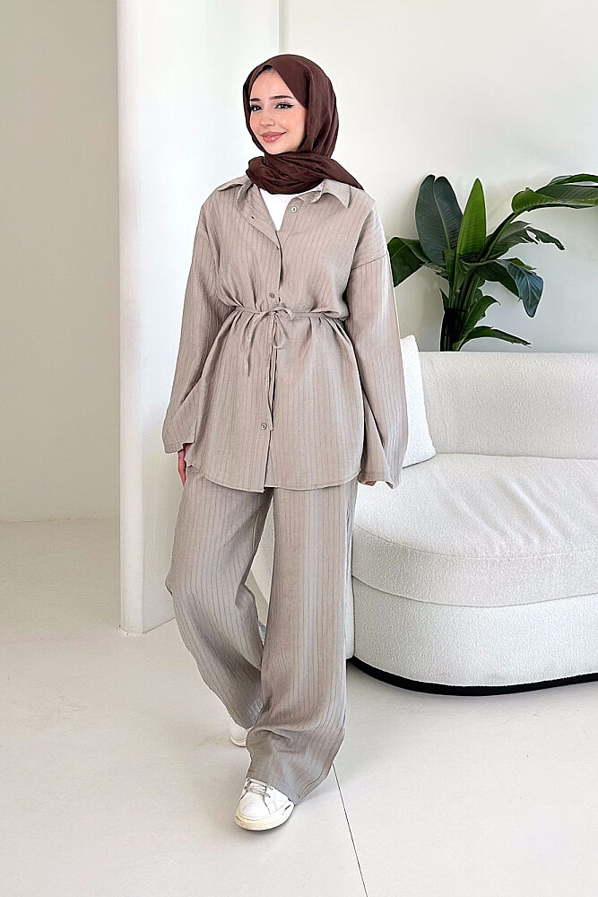 Çizgi Detaylı Pantolon Takım - Bej - ENMA (0)