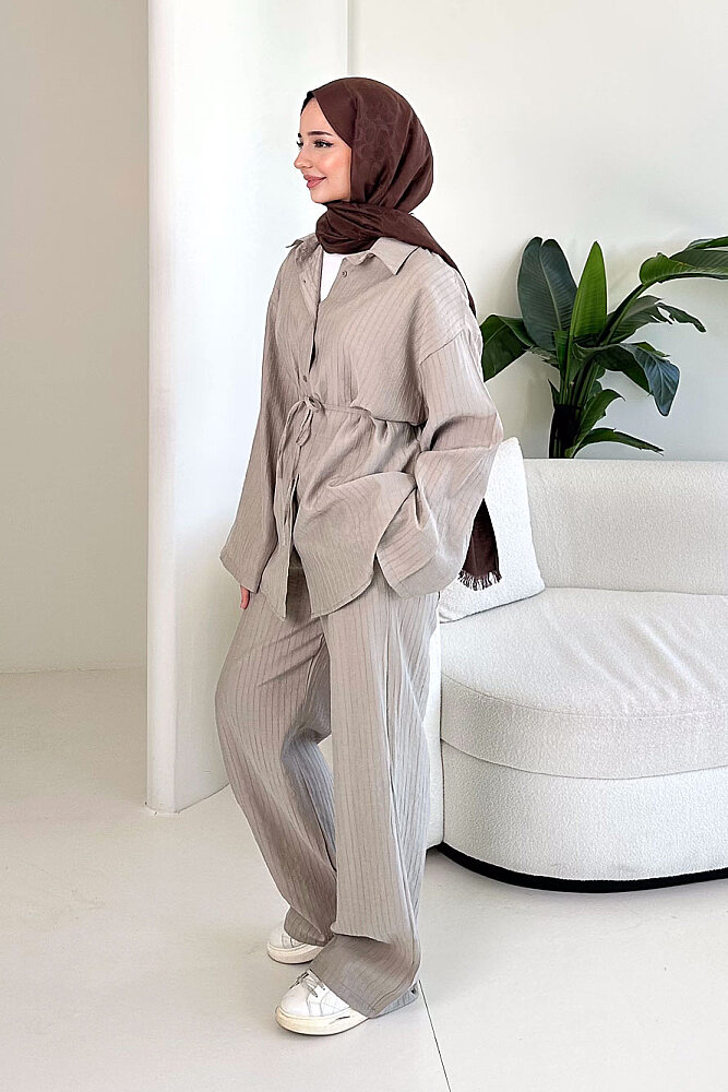 Çizgi Detaylı Pantolon Takım - Bej - 3