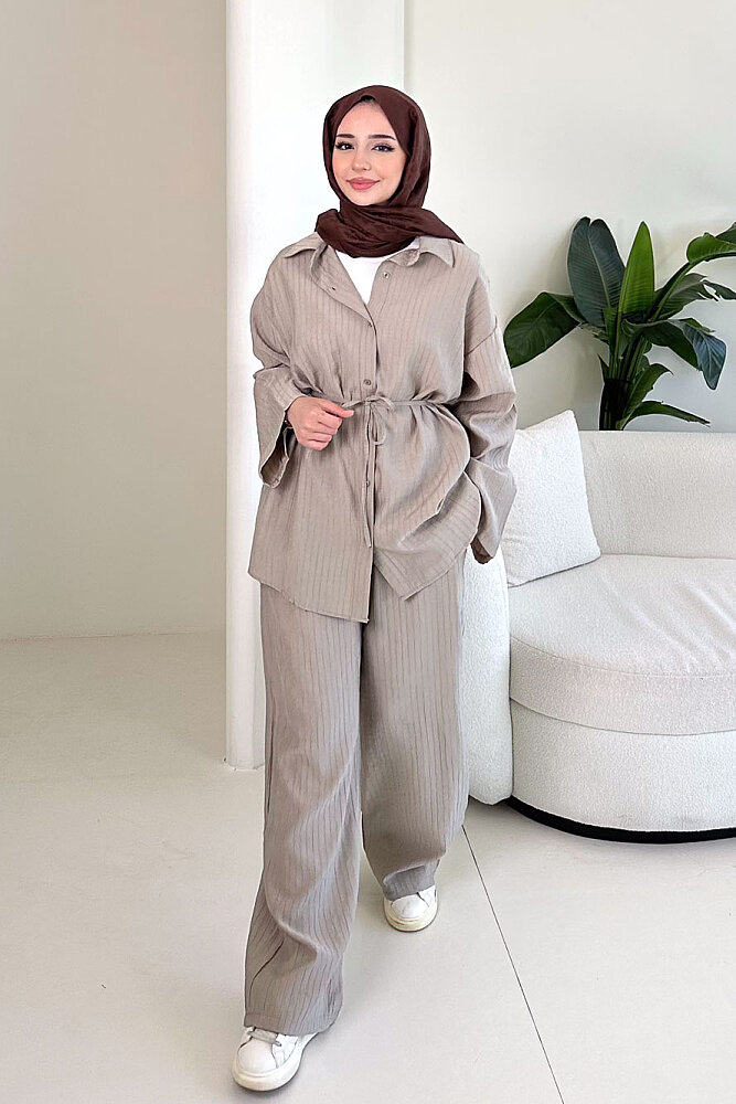 Çizgi Detaylı Pantolon Takım - Bej - ENMA (3)