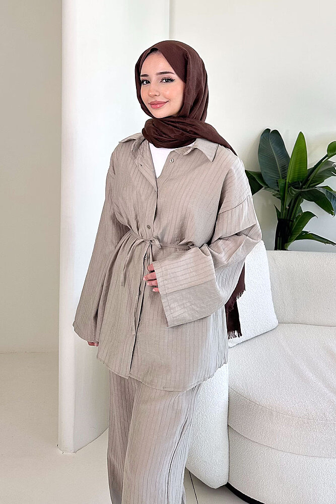 Çizgi Detaylı Pantolon Takım - Bej - 6