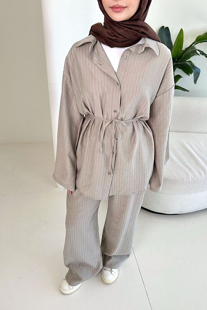 Çizgi Detaylı Pantolon Takım - Bej - ENMA (1)