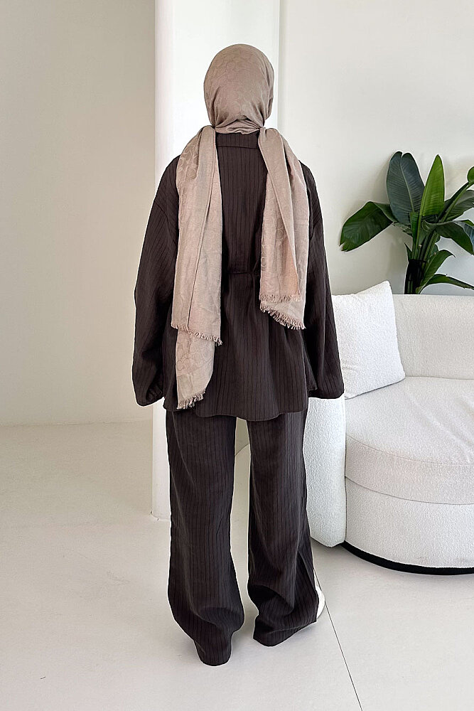 Çizgi Detaylı Pantolon Takım - Kahverengi - 8