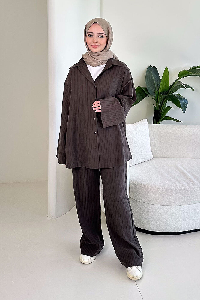 Çizgi Detaylı Pantolon Takım - Kahverengi - 5