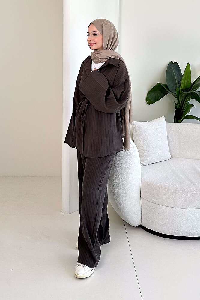 Çizgi Detaylı Pantolon Takım - Kahverengi - 1