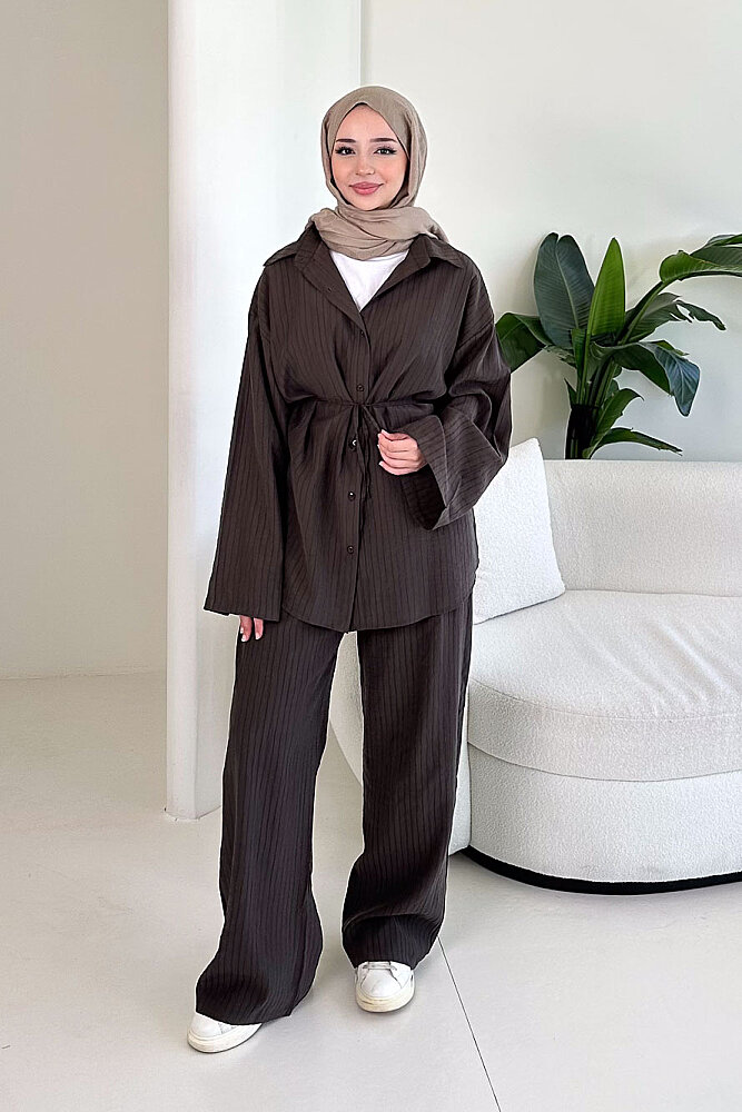 Çizgi Detaylı Pantolon Takım - Kahverengi - 2