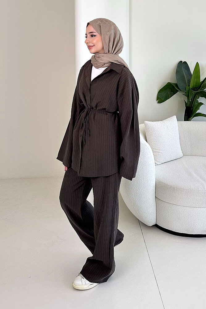 Çizgi Detaylı Pantolon Takım - Kahverengi - 6