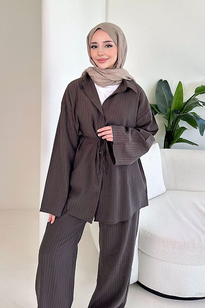 Çizgi Detaylı Pantolon Takım - Kahverengi - 7