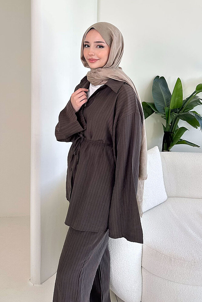 Çizgi Detaylı Pantolon Takım - Kahverengi - ENMA (3)