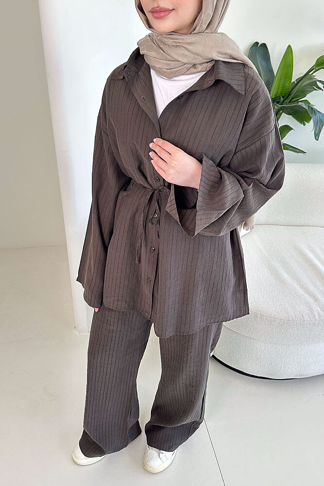 Çizgi Detaylı Pantolon Takım - Kahverengi - ENMA (2)