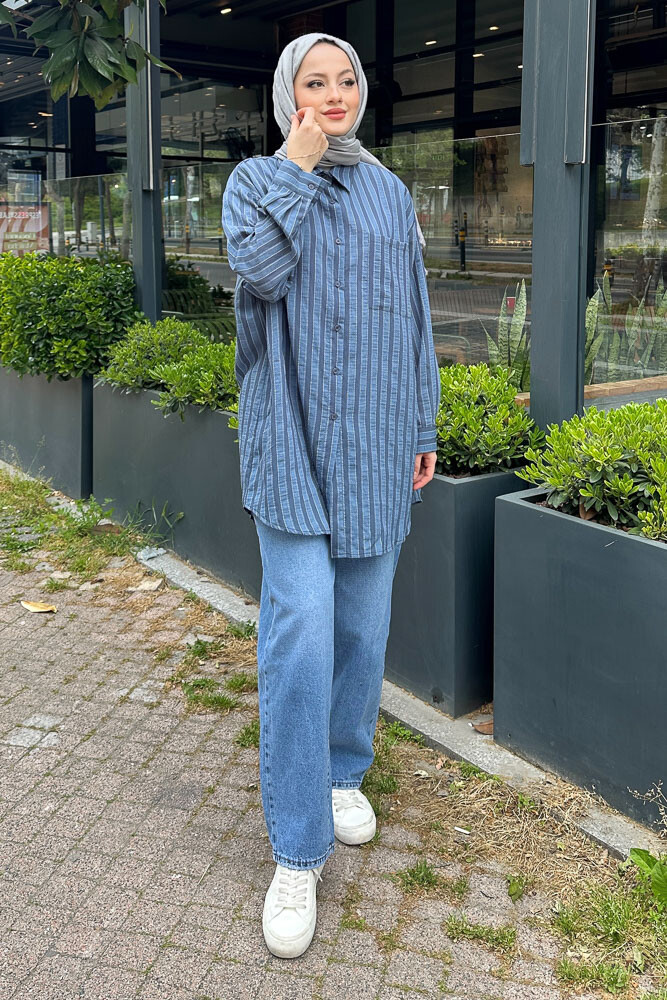 Çizgili Daddy Gömlek - Lacivert - 4