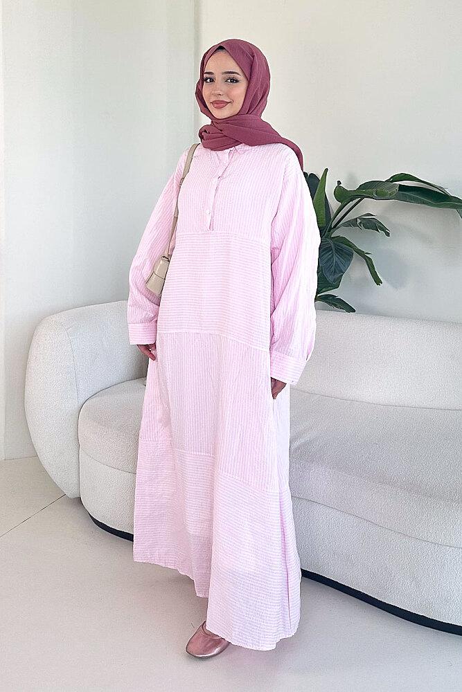 Çizgili Gömlek Elbise - Pembe - ALLMİSS (0)