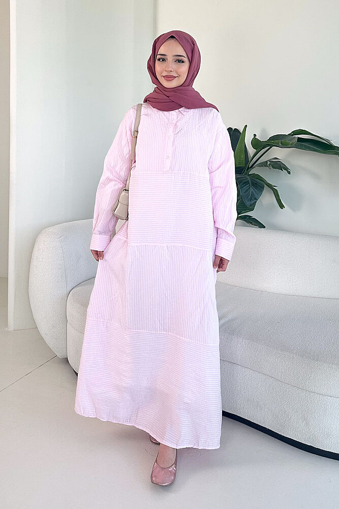 Çizgili Gömlek Elbise - Pembe - ALLMİSS (2)
