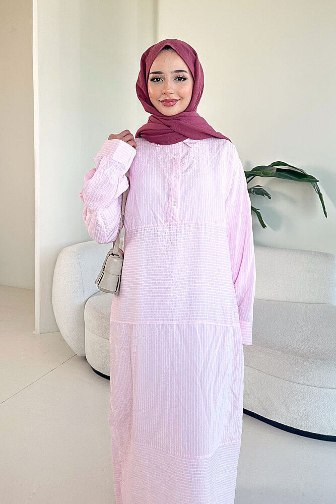 Çizgili Gömlek Elbise - Pembe - 4