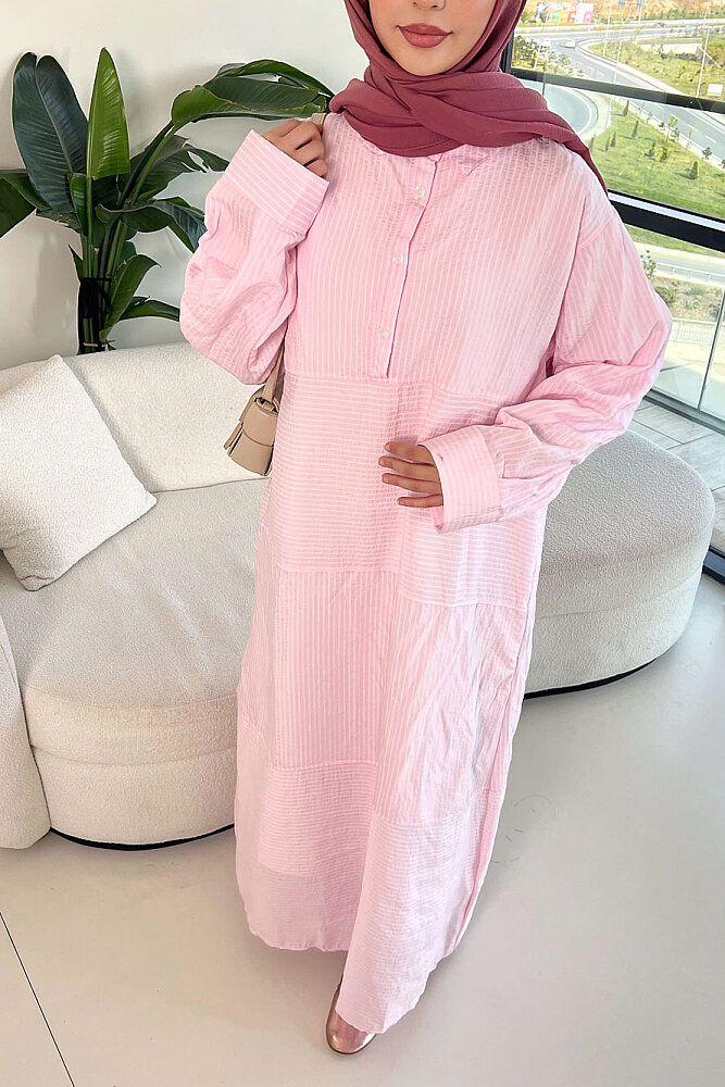 Çizgili Gömlek Elbise - Pembe - 5