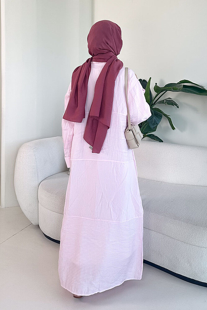 Çizgili Gömlek Elbise - Pembe - ALLMİSS (5)