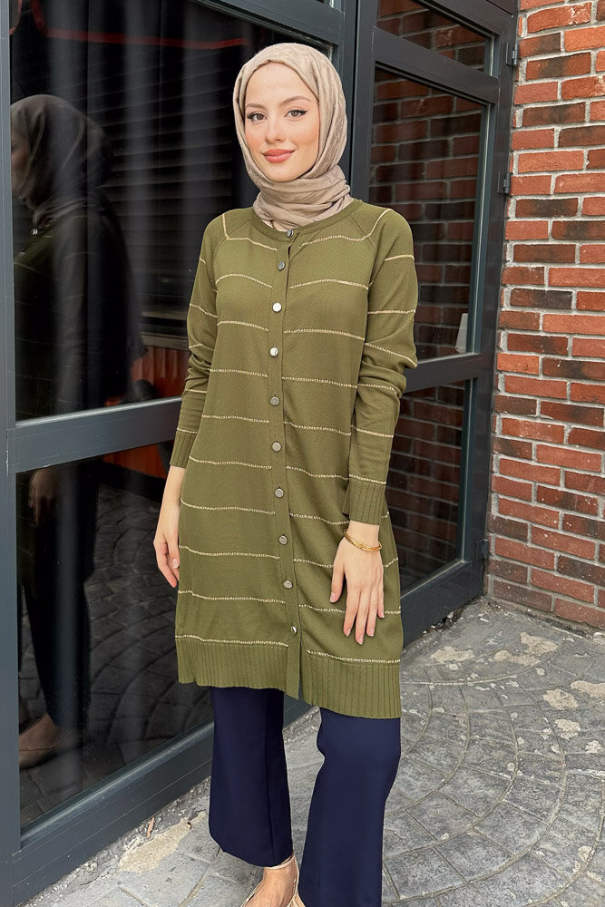 Çizgili Triko Hırka - Haki - 3