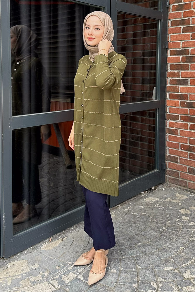 Çizgili Triko Hırka - Haki - PUANE (3)