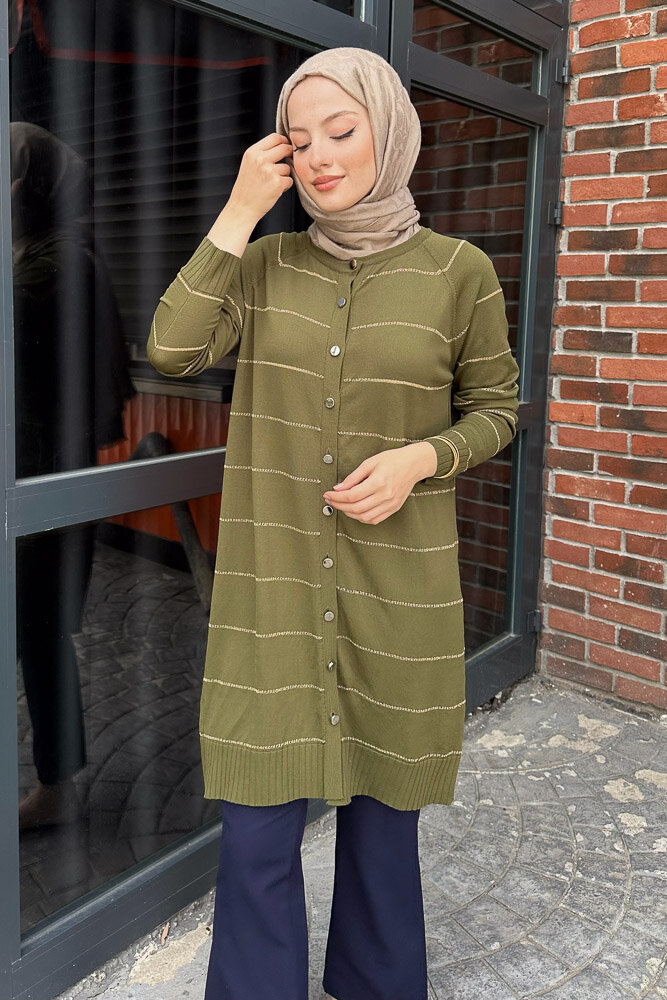 Çizgili Triko Hırka - Haki - 5