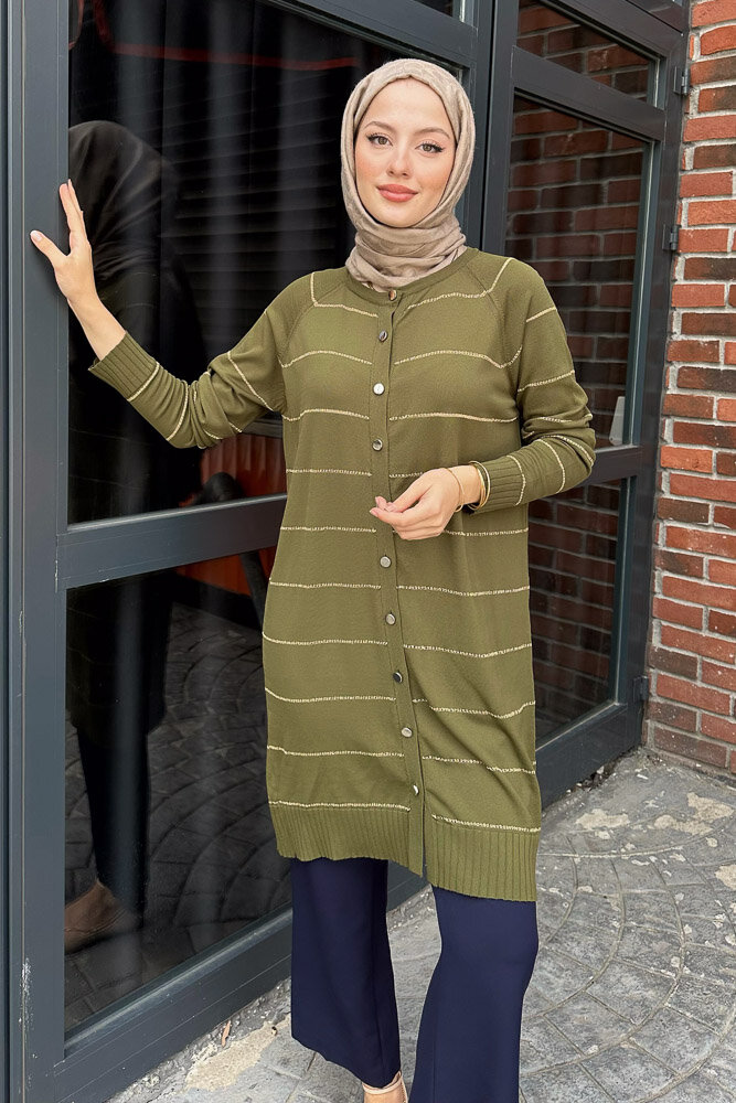 Çizgili Triko Hırka - Haki - 6