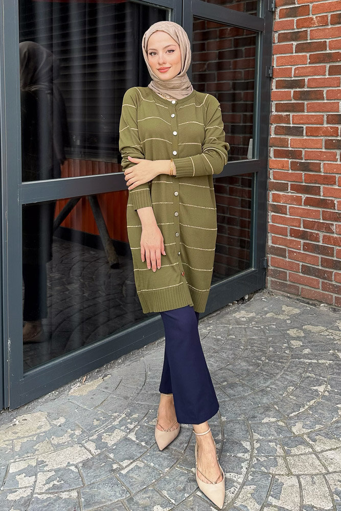 Çizgili Triko Hırka - Haki - 7