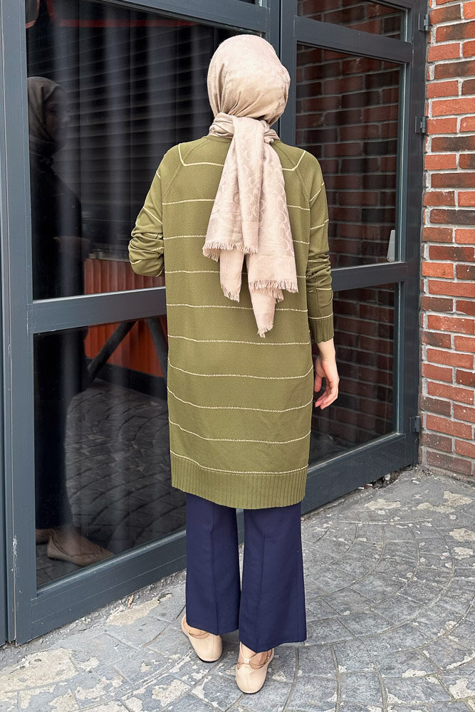 Çizgili Triko Hırka - Haki - 8